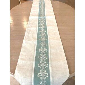 DeLuxe Table Runner Embroidered Cream Linen Green Dinner Party Holiday Formal